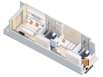 Grundriss eines rechteckigen Schlafzimmers mit Bett, Schreibtisch, Stuhl und zwei Fenstern.