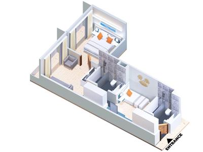 3D-Grundriss einer kleinen Wohnung mit Wohnzimmer, Schlafzimmer, Bad und Küche in hellen Farben.
