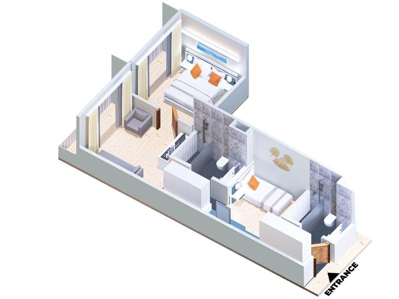 3D-Grundriss einer kleinen Wohnung mit Wohnzimmer, Schlafzimmer, Bad und Küche in hellen Farben.