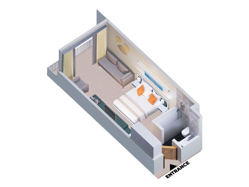 3D-Grundriss eines langen, schmalen Zimmers mit Bett, Tisch, Stuhl und Badezimmer.