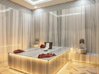 Elegancka, oświetlona strefa wellness z marmurowym stołem i ciepłymi drewnianymi akcentami.