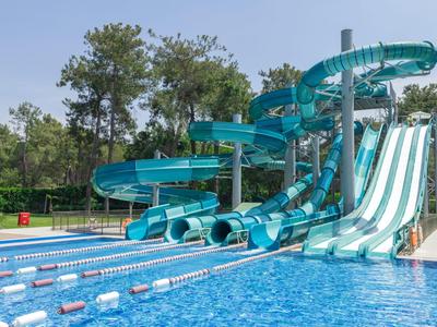 Multiple blue water slides lead into a large outdoor swimming pool with trees in the background.