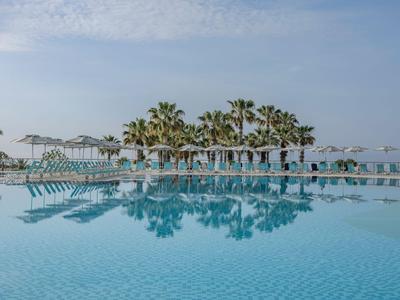 A large pool with lounge chairs and umbrellas surrounded by palm trees under a blue sky.