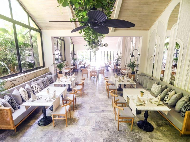 Caffè moderno e luminoso con posti a sedere lungo finestre e pareti e piante decorative.