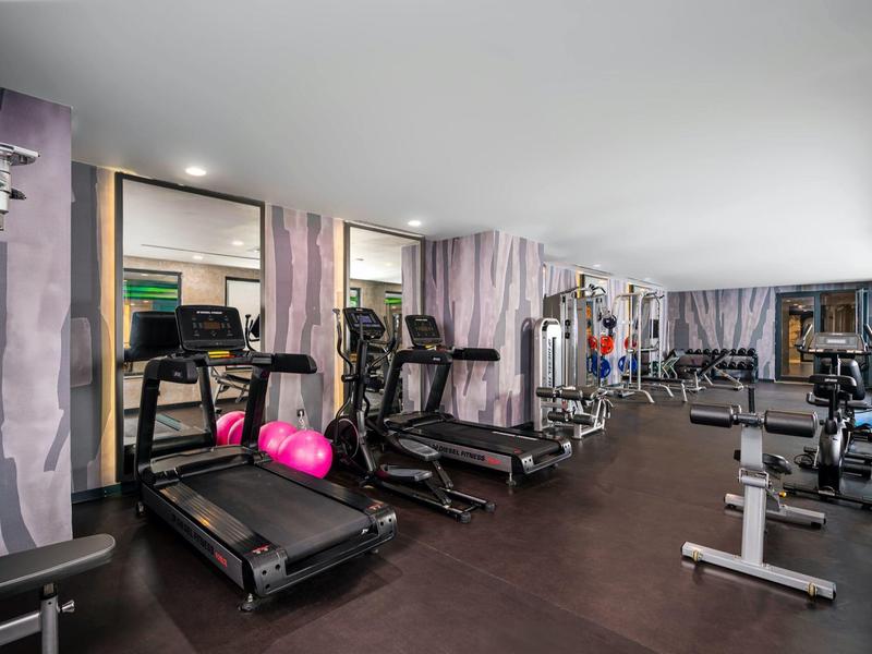 Moderne sportschool met loopbanden, fitnessballen, gewichtmachines en spiegelwanden.