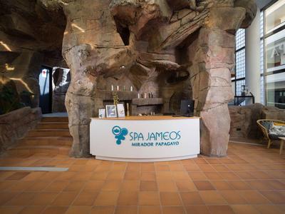 Comptoir d'accueil d'un spa avec un décor de rochers et de grottes en arrière-plan