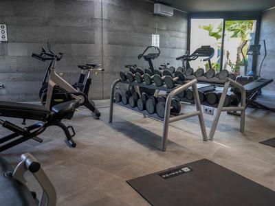 Moderner Fitnessraum mit Hanteln, Trainingsgeräten und großen Fenstern für Tageslicht.