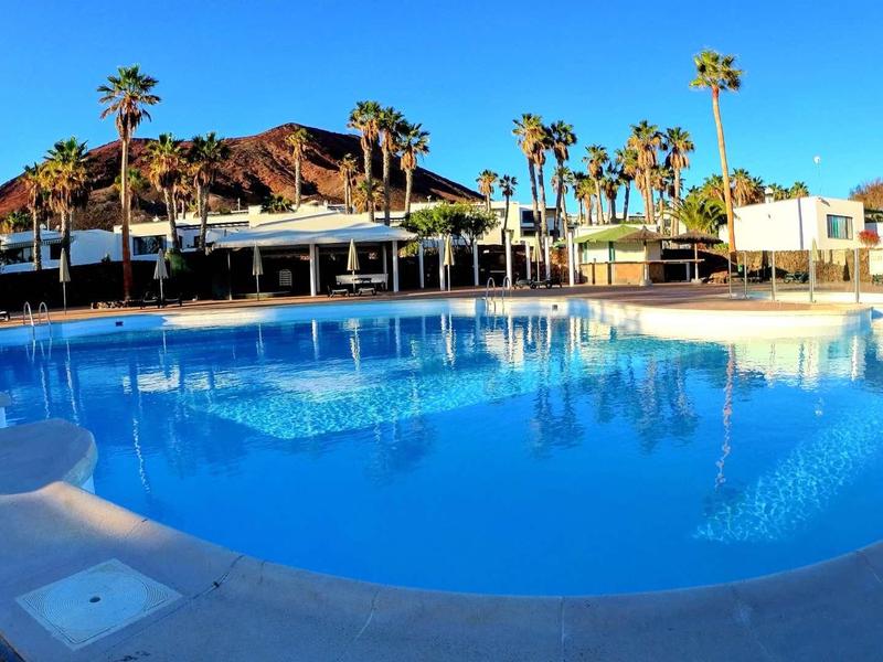 Large pool with clear blue water surrounded by palm trees and buildings under a blue sky.