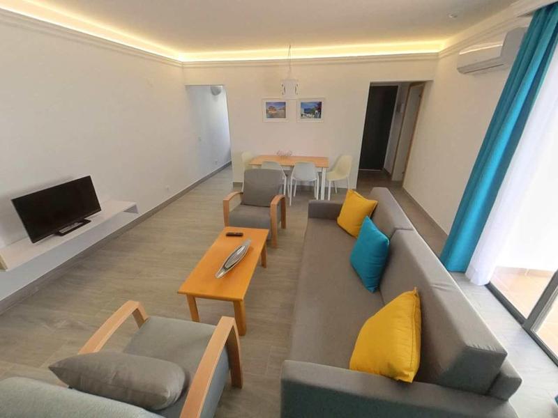 Bright living room with gray sofa, colorful cushions, and large window with curtains.