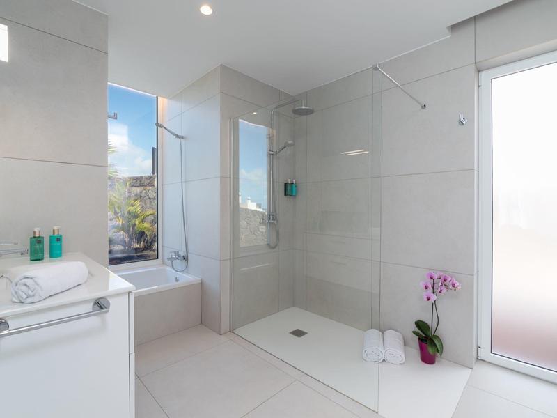 Modern bathroom with walk-in shower, bathtub, white fixtures, and large window.