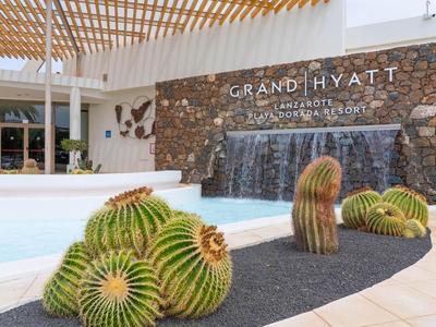 Eleganter Hotelpoolbereich mit Kakteen und künstlichem Wasserfall im Grand Hyatt Resort.