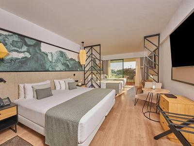 Modernes Hotelzimmer mit großem Bett, Holzfußboden, TV an der Wand und Zugang zu Balkon mit Meerblick.
