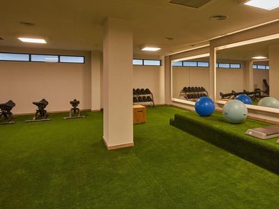 Fitnessraum mit grünen Teppichboden, Trainingsbällen und verschiedenen Geräten.