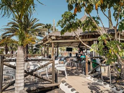 Outdoor-Bar mit Holzpergola, umgeben von Palmen und Sitzgelegenheiten in entspannter Hotelanlage.