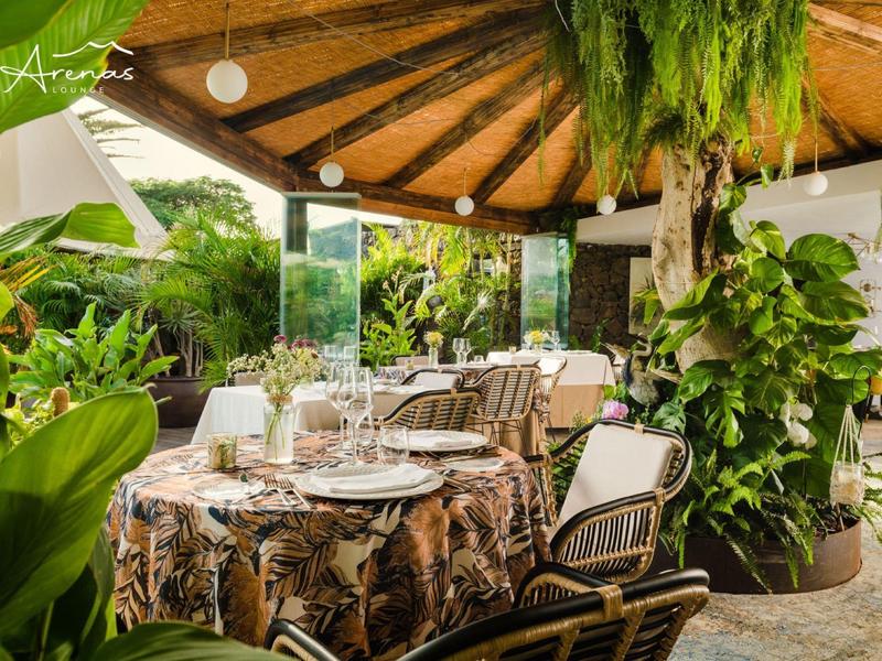 Gemütliche Terrasse mit gedecktem Holzdach, Pflanzen und Tisch mit Tischdecke, Tellern und Gläsern.