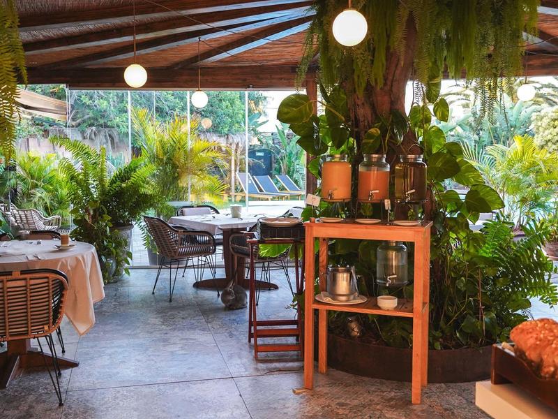 Gemütliches Restaurant mit Holzdach, grünen Pflanzen und gedeckten Tischen im Freien.