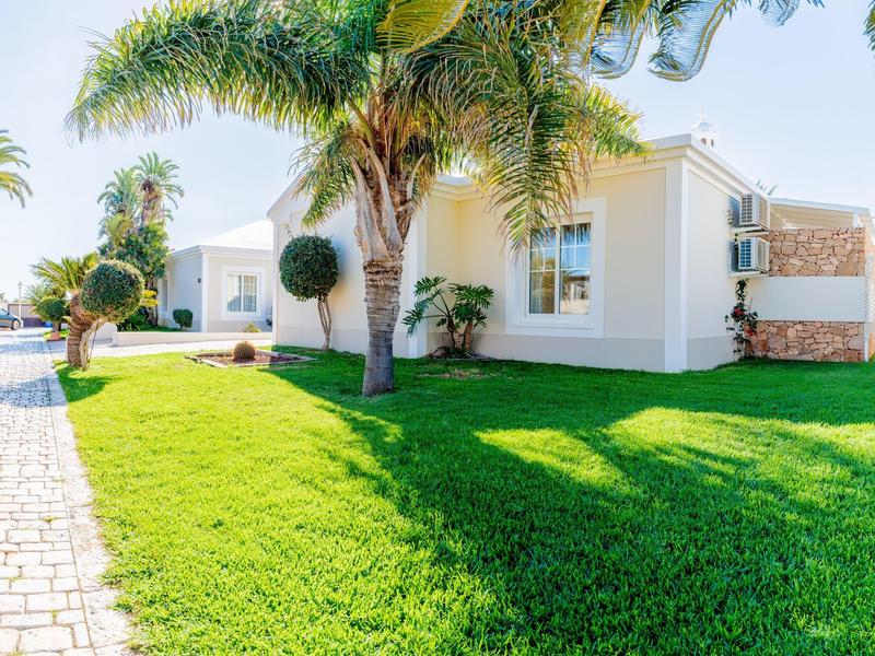 Grünes, gepflegtes Rasenfeld mit Palmen vor weißen, modernen Einfamilienhäusern bei sonnigem Himmel.