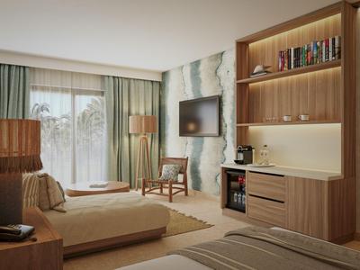 Modern eingerichtetes Hotelzimmer mit zwei Betten, Holzvertäfelung und großem Fenster mit Vorhängen.