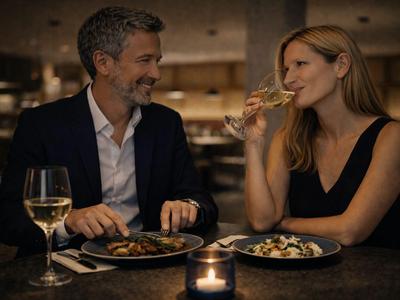 Paar genießt Dinner bei Kerzenlicht in elegantem Restaurant mit Wein.