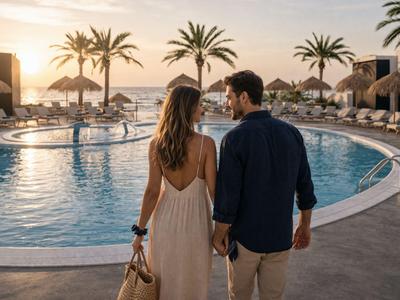Paar läuft zum Poolbereich eines Hotels mit Palmen bei Sonnenuntergang.