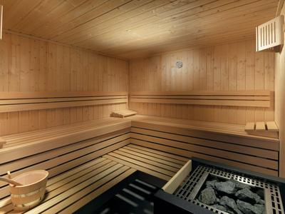 Sauna luminosa in legno con panche, secchio e stufa per sauna con pietre.