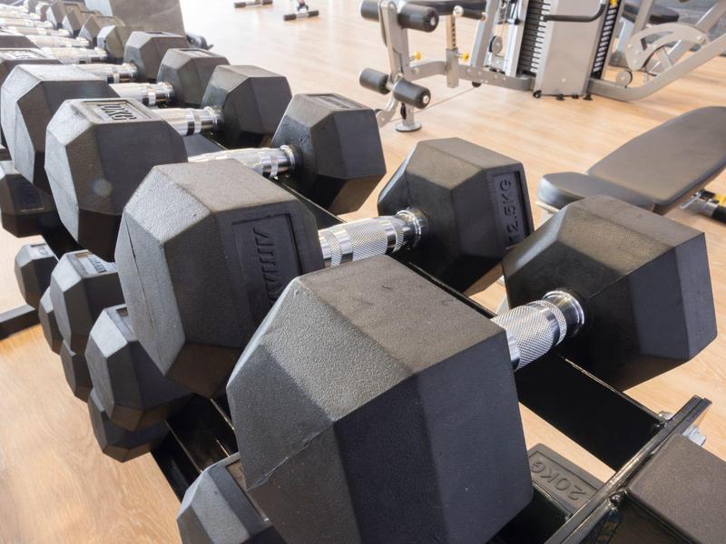 Reihe schwerer, sechseckiger Hanteln mit schwarzen Griffen auf Metallablage im Fitnessstudio.