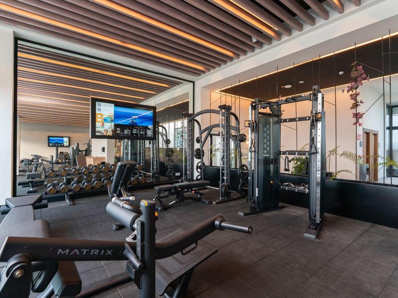 Moderner Fitnessraum mit Spiegeln, Hanteln, Trainingsgeräten und Holzlatten-Decke.