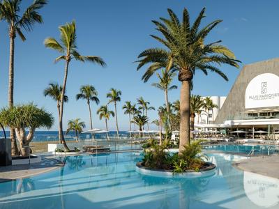 Moderner Poolbereich mit Palmen, blauer Wasserfläche und Sonnenterrasse unter klarem Himmel.