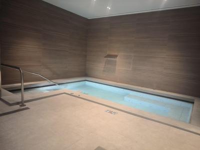 Petite piscine intérieure rectangulaire avec panneaux en bois et rampe en acier inoxydable