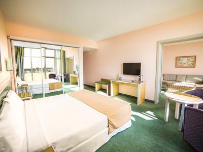 Helles Hotelzimmer mit Doppelbett, grünem Teppich, TV, Schreibtisch und angrenzendem Wohnbereich.