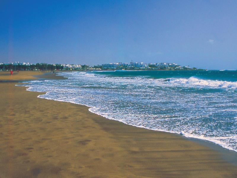 Ampia spiaggia sabbiosa con onde dolci sotto un cielo azzurro.