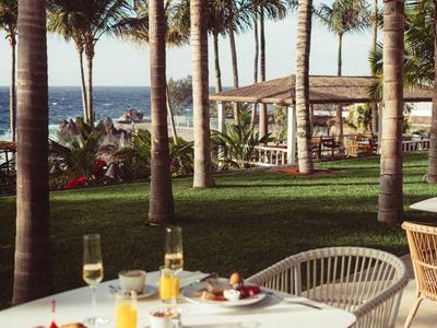 Tisch mit Frühstück und Stühlen, umgeben von Palmen und Blick aufs Meer bei klarem Himmel.