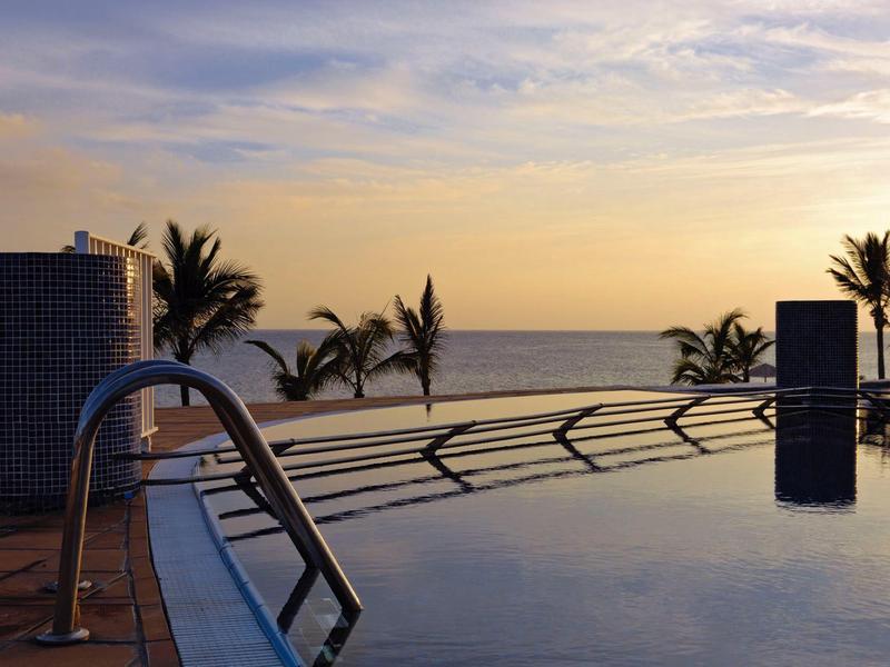 Piscina con vista sul mare e palme al tramonto.