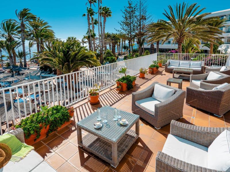 Terrazza con mobili confortevoli e piante, vista su palme e mare.