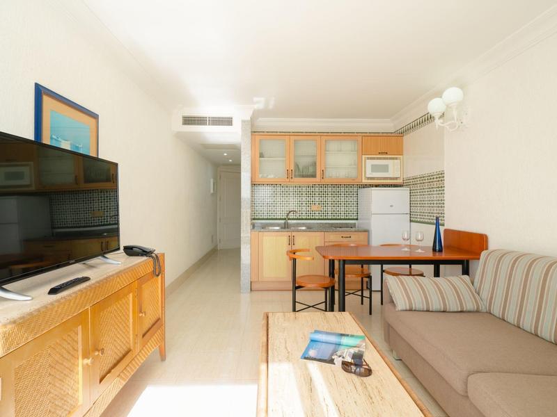 Soggiorno luminoso con divano, TV, tavolo da pranzo e cucina in monolocale.