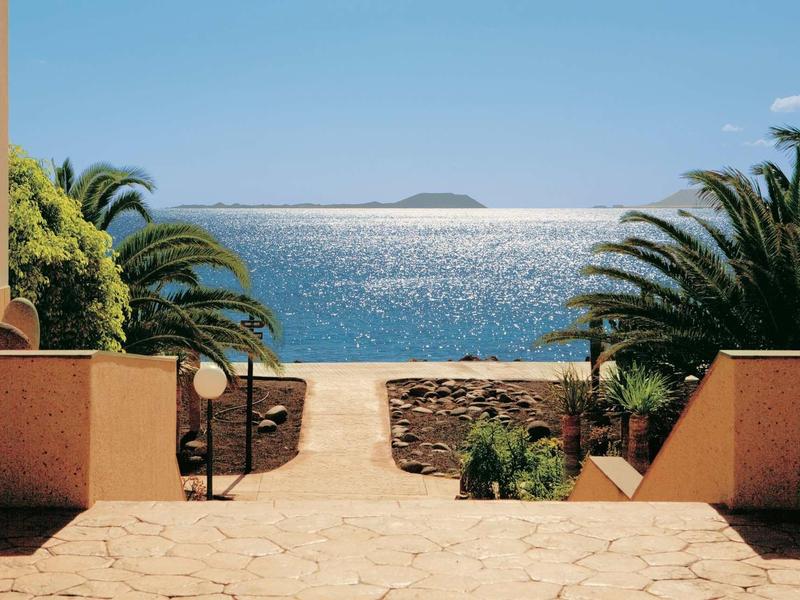 Vue sur la mer depuis une terrasse avec des palmiers, lumière du soleil reflétée sur l'eau.