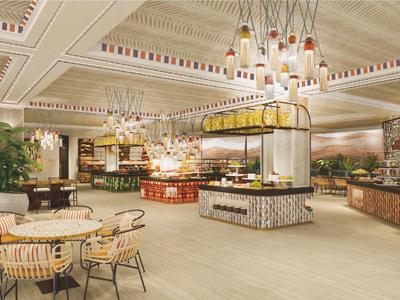 Ristorante moderno e luminoso con isola buffet e aree salotto in un'atmosfera accogliente.