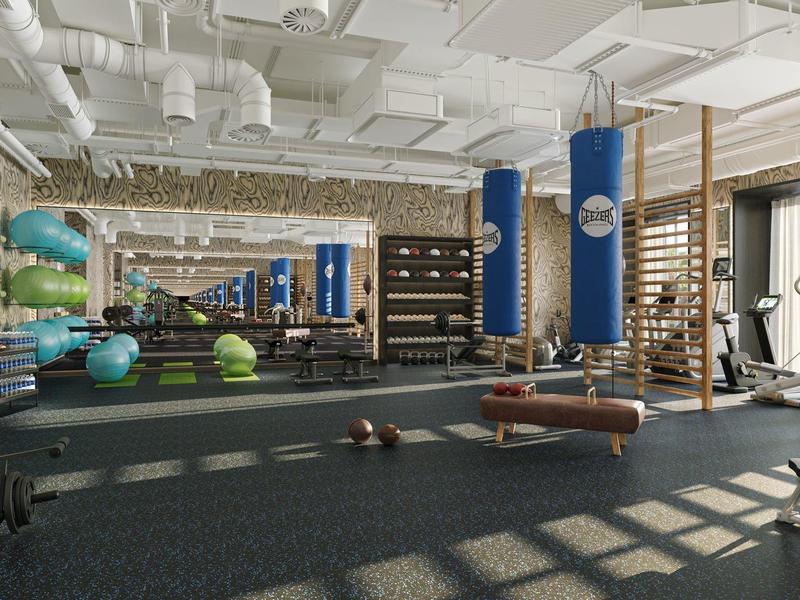 Ampia palestra con vari attrezzi, specchi e grandi finestre che lasciano entrare luce naturale.