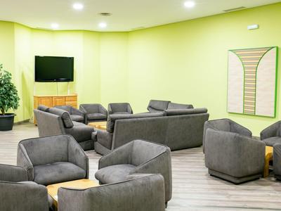 Heller Wartebereich mit grauen Sesseln, Sofas, Holztischen, Pflanze und Wandbild in grünem Raum.