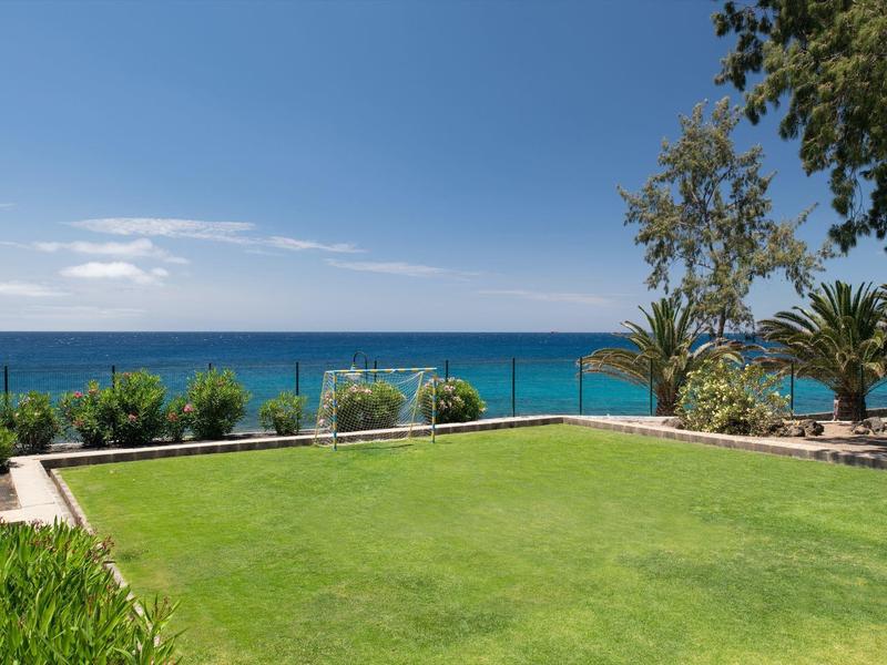 Grüner Rasen mit Pflanzen und Palmen vor blauem Meer und klarem Himmel unter Sonnenlicht.
