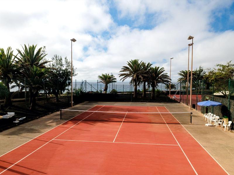 Roter Tennisplatz mit weißen Linien, umgeben von Palmen und blauem Himmel mit Wolken.