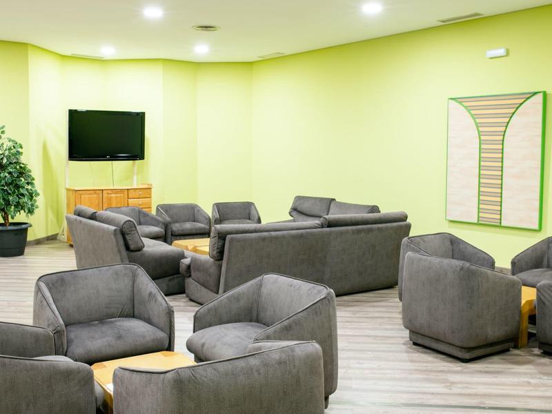 Heller Wartebereich mit grauen Sesseln, Sofas, Holztischen, Pflanze und Wandbild in grünem Raum.