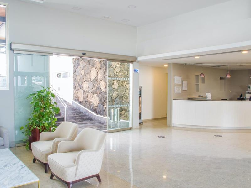 Hall d'hotel luminoso con poltrone, pianta verde e banco accoglienza bianco.