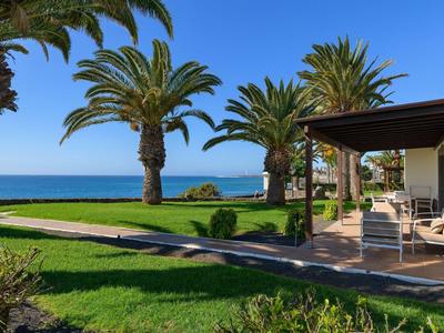 Nowoczesny teren na zewnątrz hotelu z palmami, trawiastym ogrodem i widokiem na morze.