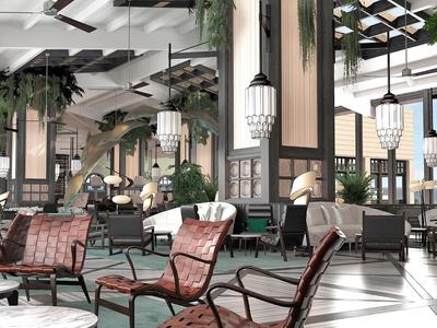 Lichte hotel-loungesfeer met moderne meubels en planten.