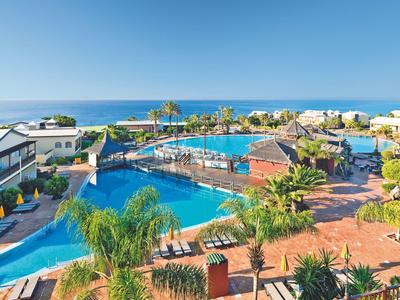 Resort pool area with lounge chairs, palm trees, and ocean view under clear blue sky.