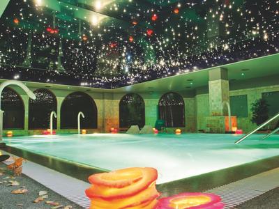 Moderní vnitřní bazén s osvětleným hvězdným stropem a přístupem po schodech