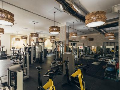 Moderní posilovna s různým cvičebním vybavením a přirozeným osvětlením.