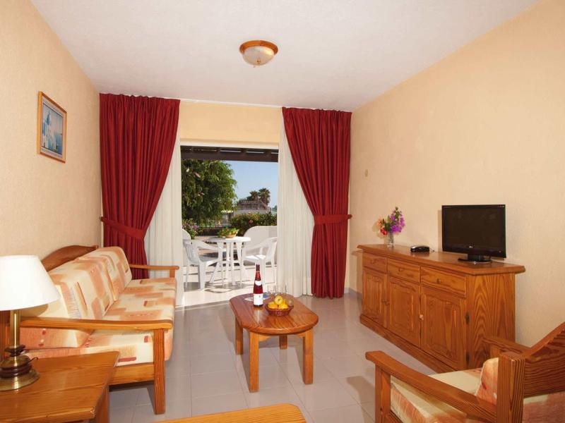 Bright living room with sofa, armchair, TV, and view of terrace with garden.