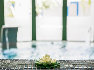 Bílý lotosový květ ležící na dlaždicovém okraji s rozmazaným pozadím bazénu.